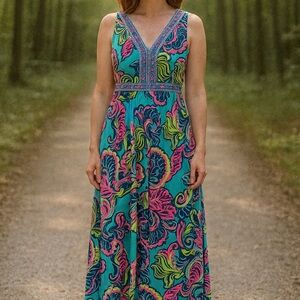 Lilly Pulitzer Teal and Pink Patterned Maxi Dress
